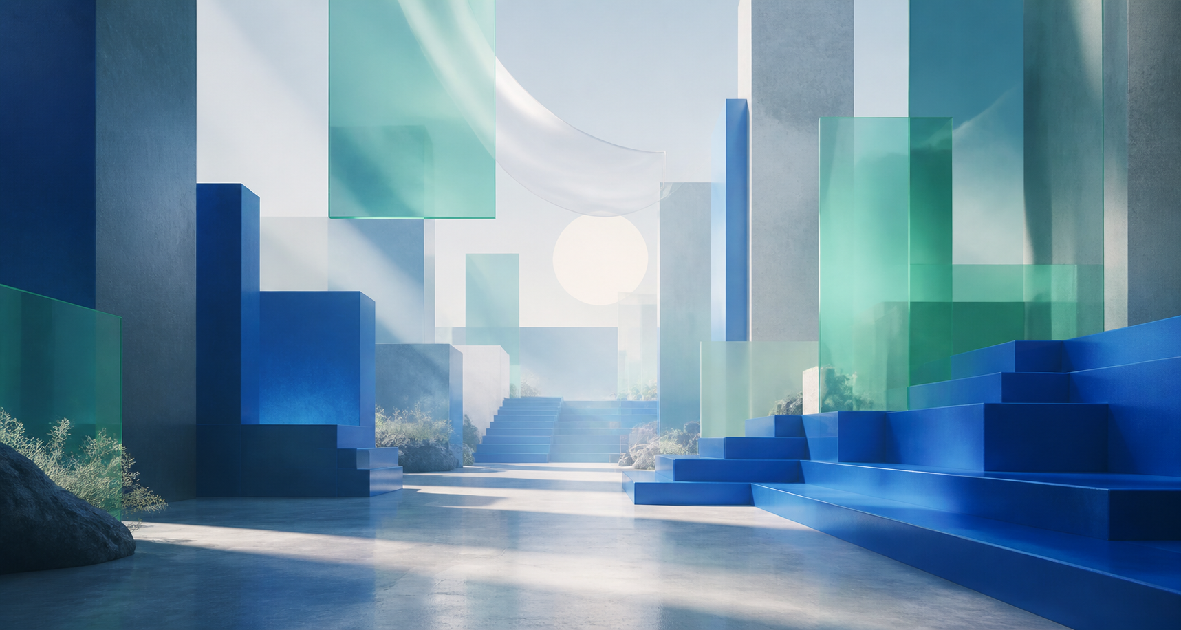 Abstract blue and mint architectural landscape representing progress